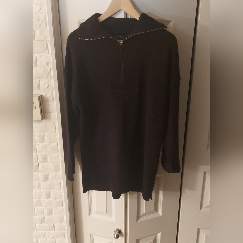 Scandi Minimalist Brave Soul Black Knit Pullover Half-Zip Sweater Cozy